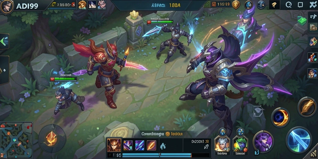 Tampilan gameplay ADI99 dengan pertarungan seru antara karakter MOBA.