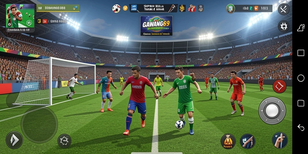 Screenshot gameplay GAWANG69 menampilkan aksi sepak bola yang mendebarkan.