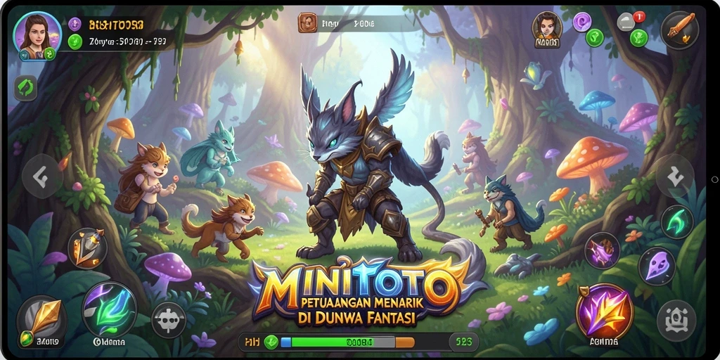Tampilan gameplay <strong>MINITOTO</strong> menampilkan eksplorasi dunia fantasi yang penuh warna.