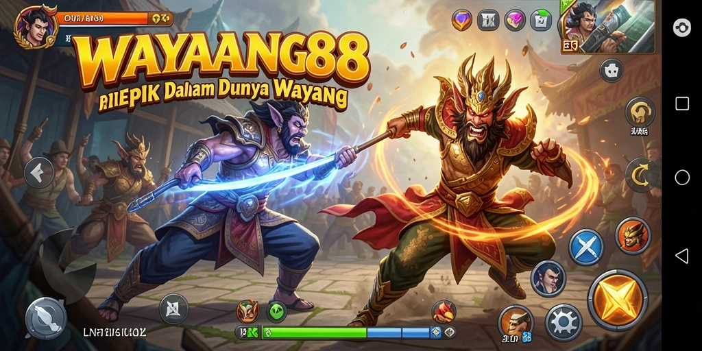 Screenshot menampilkan pertarungan epik dengan karakter wayang.